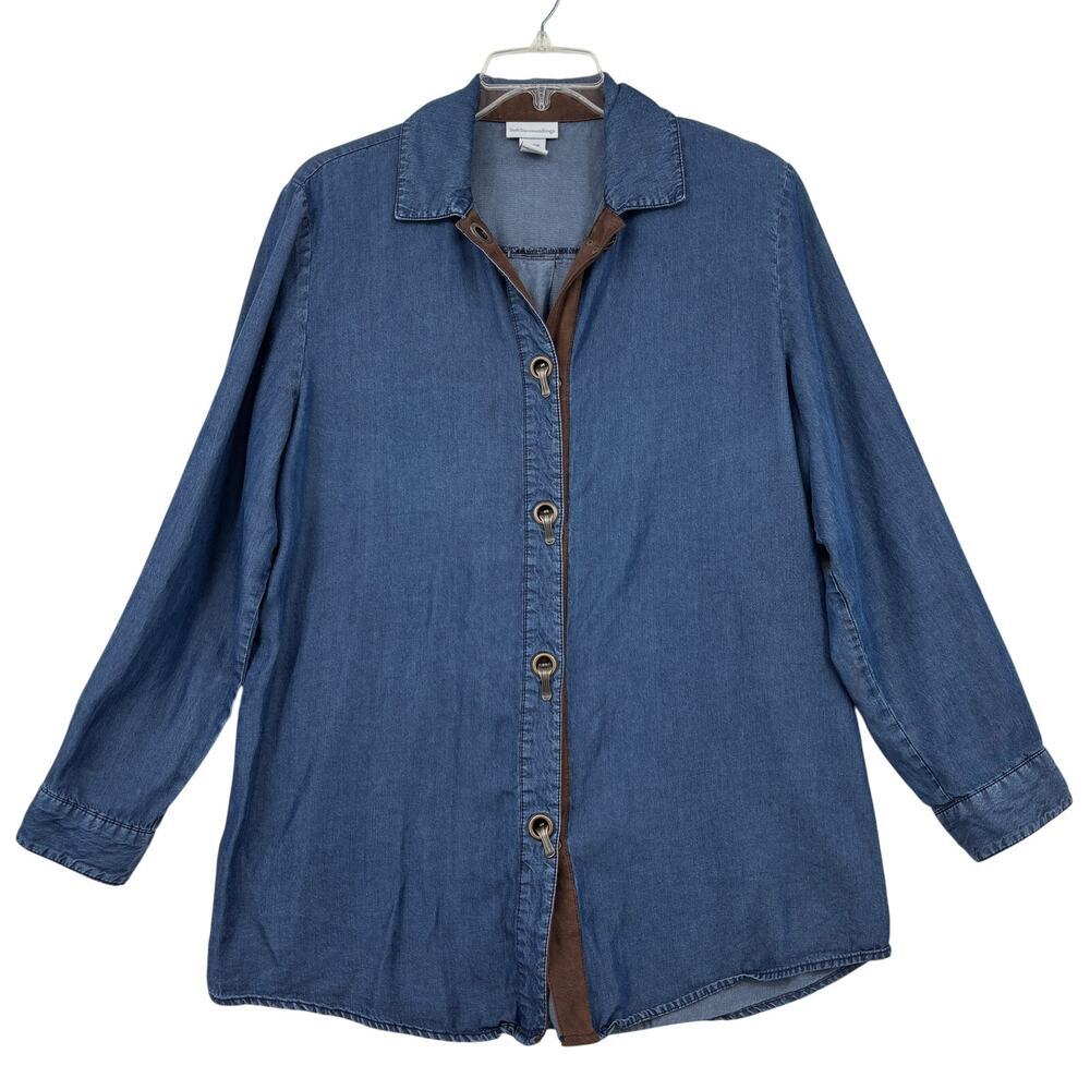 Soft Surroundings Tunic Blouse XL Blue Chambray Tencel Toggle Close Faux Suede